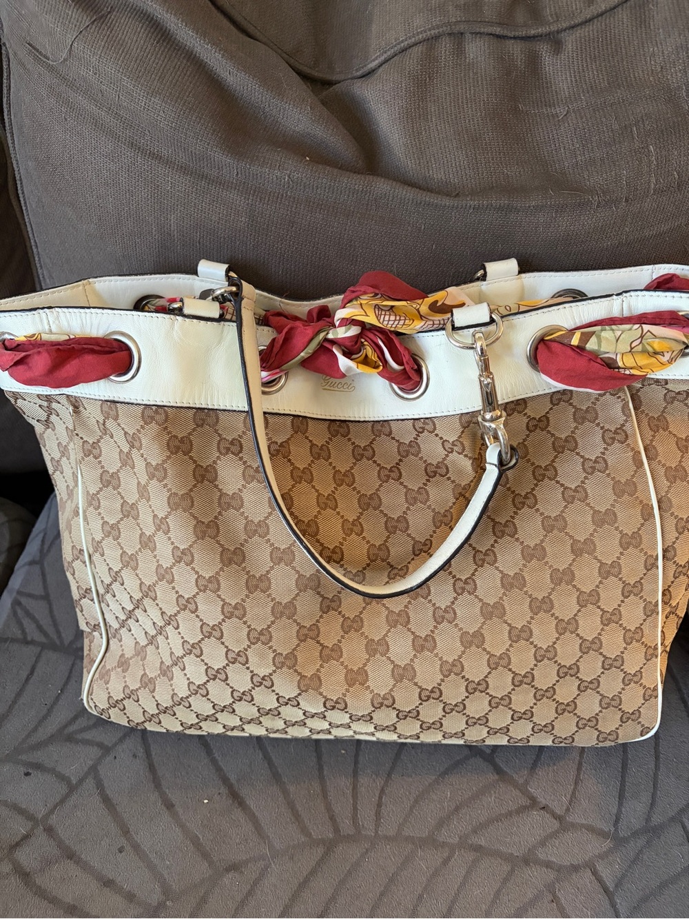 Gucci Beige GG Canvas Tote with White Trim and Red Scarf Accents